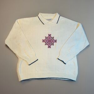 Chelsea Gardens Medium Vintage Embroidered Cross Polo Collar Knit Sweater USA
